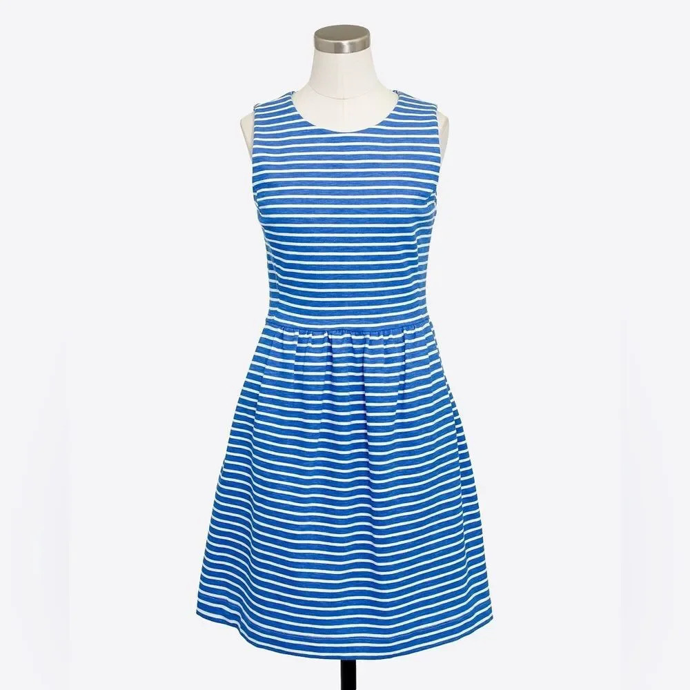 J. CREW FACTORY Striped Pleated Zip‎ Back Ponte Dress in Bright Grotto Stripe